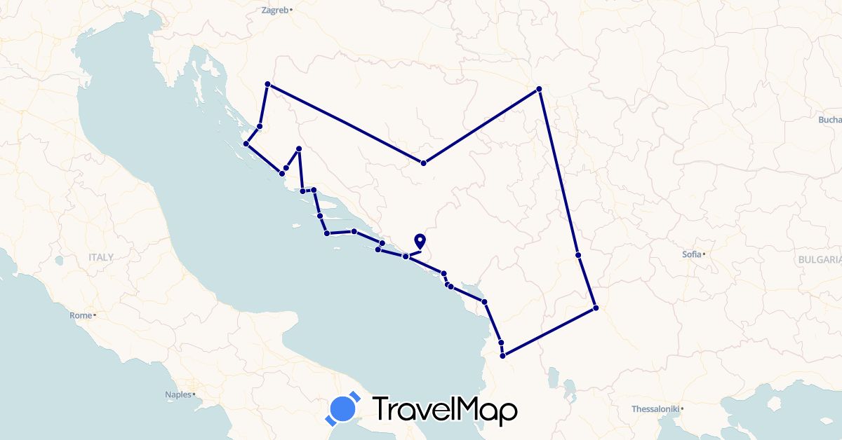 TravelMap itinerary: driving in Albania, Bosnia and Herzegovina, Croatia, Montenegro, Macedonia, Serbia (Europe)