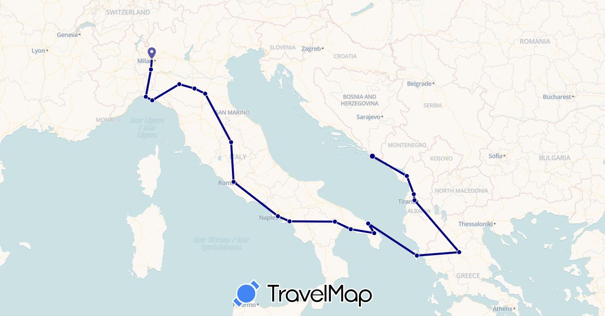 TravelMap itinerary: driving in Albania, Greece, Croatia, Italy (Europe)